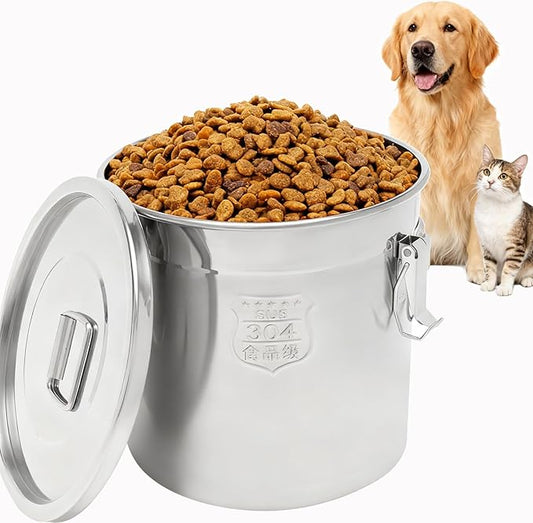 Stainless Steel Dog Food Storage Containers with Airtight Lid and Locking Clamp, Fits up to 30 Lbs, Large Metal Dog Food Bin, Pet Food Storage Container for Dogs, Cats & Birds, Keep Fresh