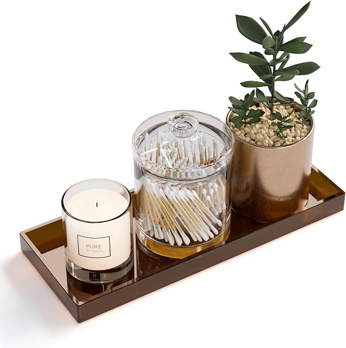 ATZYmolin 11" x 4.3" Bathroom Vanity Tray Acrylic Decorative Counter Organizer for Soap Dispenser, Perfume, Candle, Makeup - Rectangle Tray for Sink, Toilet Tank, Dresser Home Decor, Small Brown