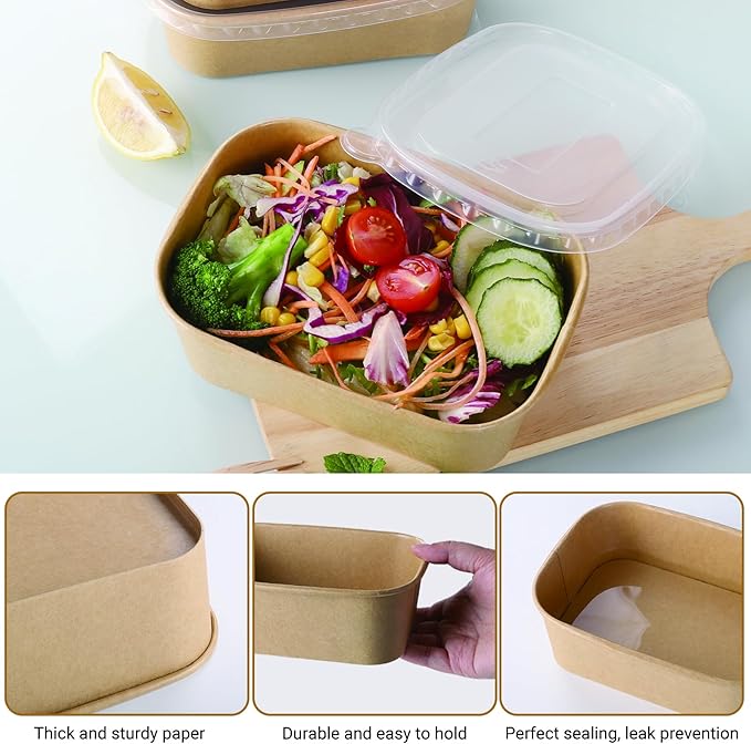 Belinlen 50 Sets 25oz Disposable Kraft Paper Bowls with Lids, Rectangle Paper Food Containers with Lids, Salad Bowls for Hot/Cold Food, Soup, Meal Prep, Ice Cream, Takeout, Party Supplies(750ml)