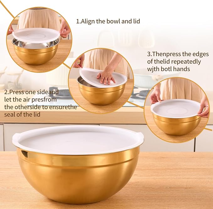 Onlycooker Gold Mixing Bowls With Airtight Lids,Stainless Steel Bowl,Salad Bowls 7 Piece Colorful Nesting Bowl Gold Kitchen Accessories,Size 7,3.6,2.7,2.1,1.5,1.1,0.8QT Stackable Design