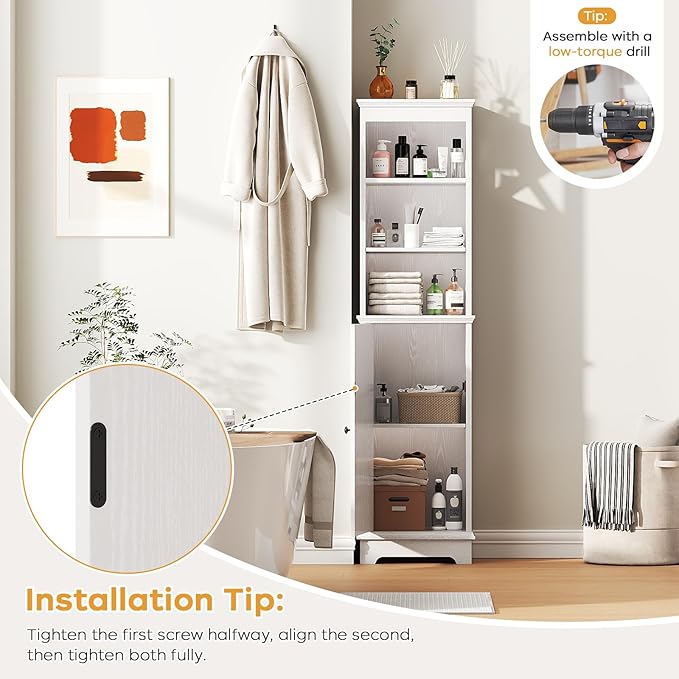 Viroformo Narrow Bathroom Storage Cabinet with Door and Open Adjustable Shelves, 60.9" H Wooden Tall Tower Corner Farmhouse Cabinet, Freestanding Organizer for Kitchen, Entryway White