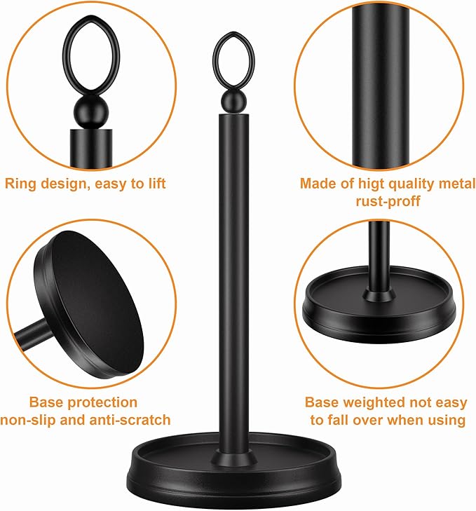 Kasunto Standing Paper Towel Holder, Non-Slip Paper Towel Roll Holder for Bathroom, Stainless Steel Kitchen Paper Towel Stand Countertop (Matte Black, 2 Pack)