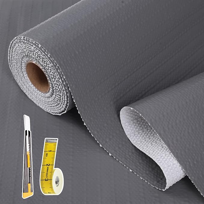 Drawer and Shelf Liner for Kitchen Cabinet: 23in X 20 Ft Non Slip Waterproof Shelf Paper Non Adhesive Refrigerator Liners Gray Easy Liners for Bathroom Cupboard with Knife Tape Measure