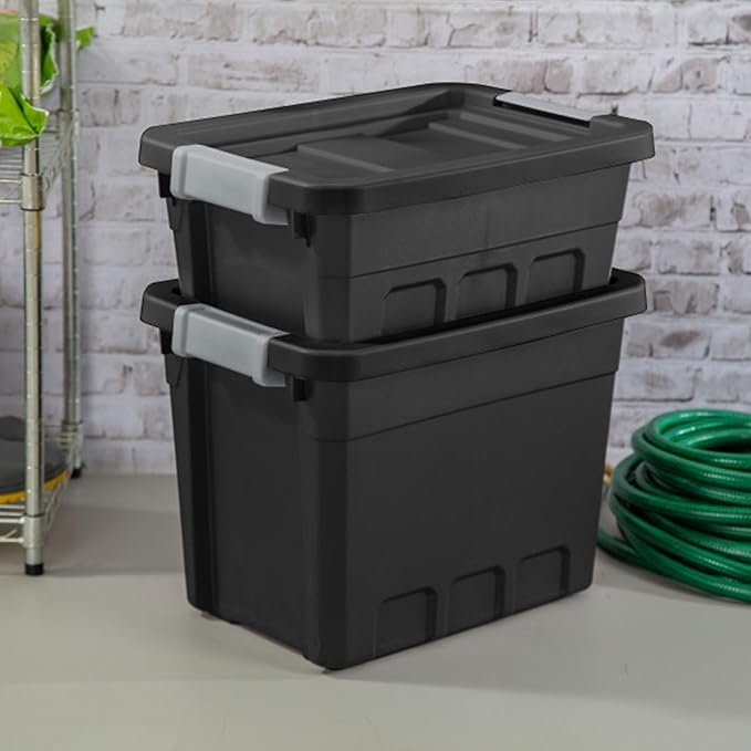 Sterilite 6-Pack Plastic Storage Bins with Lids, Stackable Containers, 4 Gallon, Black