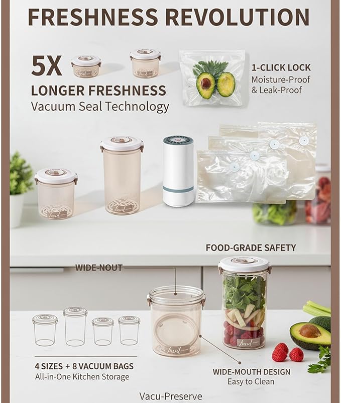 Vacuum Container,Vacuum Seal Containers,4pcs Airtight Food Storage Containers with Lids,4pcs Food Vacuum Bags/ 1pc Automatic Pump, Marinade and Keep Food Fresh with Time Dial, BPA Free(Circular)