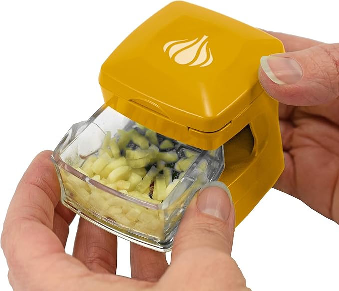 Kitchen Innovations Garlic-A-Peel Garlic Press, Crusher, Cutter, Mincer, and Storage Container - Includes Silicone Garlic Peeler - Easy to Clean - Stainless Steel Blades – (Honey), standard