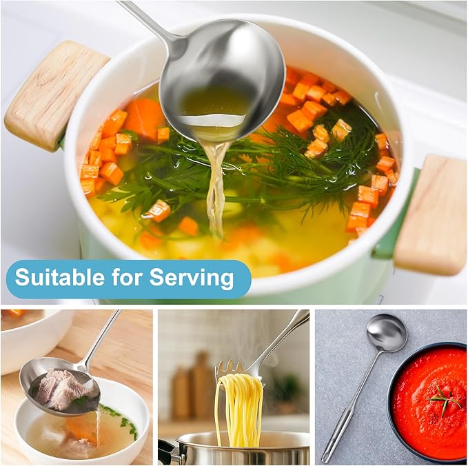 Stainless Steel Soup Ladle and Spaghetti Spoon Set - Large Ladle Spoon, Pasta Strainer, Durable Kitchen Cooking Utensils for Stirring, Serving Pasta, Soup & Sauce，Christmas Gifts