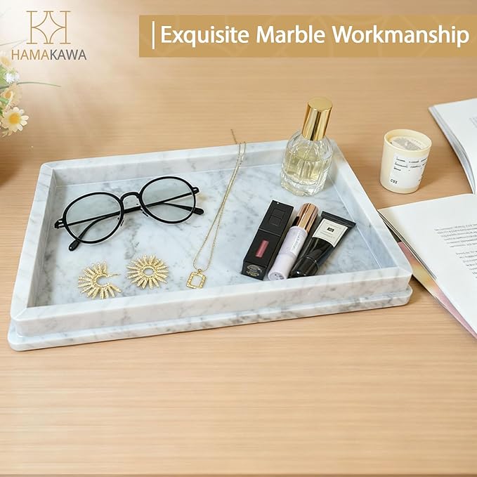 HAMAKAWA Large Natural Marble Bathroom Vanity Tray 12 inch, Carrara White Stone Jewelry Tray, Rectangle Sink Trays, Modern Tank Trays, Countertop Organizer for Soap Dispenser, Kitchen, Home Decor