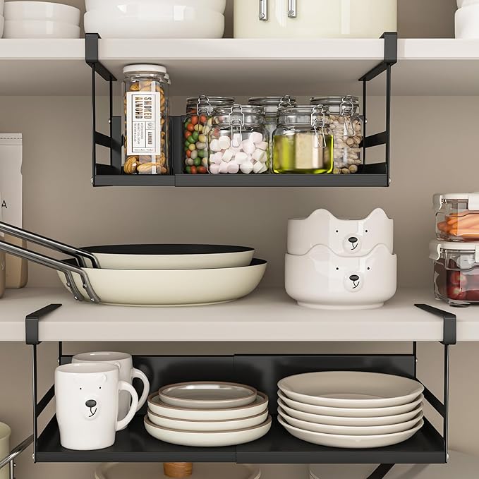 Expandable Under Cabinet Shelf Organizer with 0.94-Inch Thick Clips, Heavy Duty Extendable Under Shelf Storage Basket for Pantry or Laundry Room, Black, 2 Pack, Interior: 4.13" H x 7.2" D