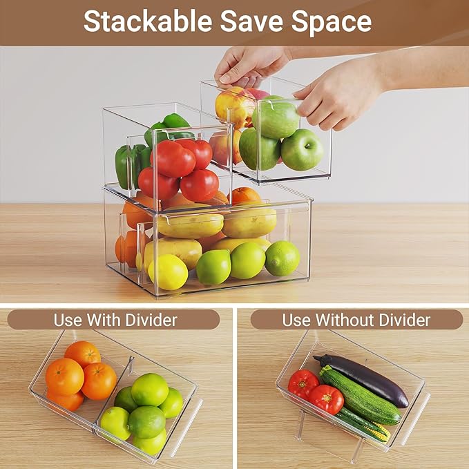 Clear Plastic Storage Bins with Dividers for Kitchen Pantry Organization, 6 Pack Large Thicken Stackable Storage Container Boxes for Refrigerator Cabinets Vanity Organizers and Storage, C6-4