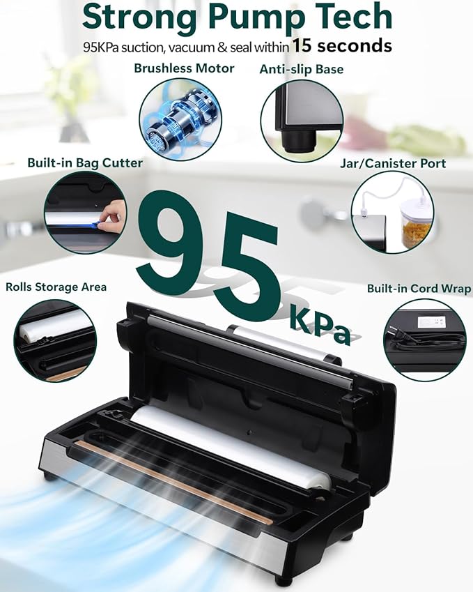 Vacuum Food Sealer Machine, 95Kpa Automatic Food Sealer, Low Noise Food Vacuum Saver with Sealer Bags, Roll, Build-in Cutter, Handheld and Compact Design