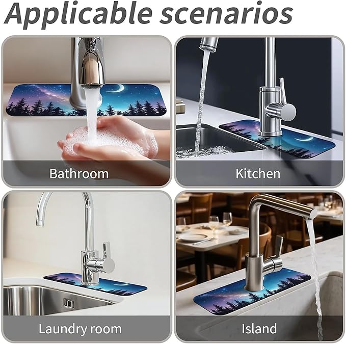 Kitchen Sink Splash Guard，Starry sky Milky Way forest Faucet Mat Sink Gadgets-Super Absorbent Fast Drying Mat Drip Catcher for Kitchen, Bathroom,Sink Mat, Dish Drying Mat, Bathroom(15" X 5.5" )