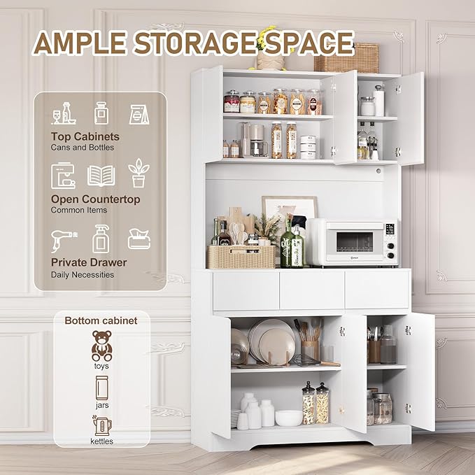 71" Pantry Cabinet with Charging Station and LED Lights, Tall Kitchen Pantry Storage Cabinet with Microwave Stand, Modern Hutch with Storage Drawers for Dining Room, Living Room, White