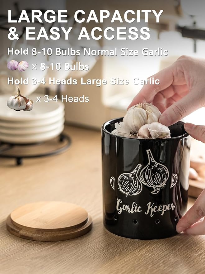 LYEOBOH Garlic Keeper, Garlic Storage, Garlic Holder, Ceramic Garlic Container with Wood Lid, Farmhouse Garlic Keeper for Counter, Garlic Saver for Kitchen, Black