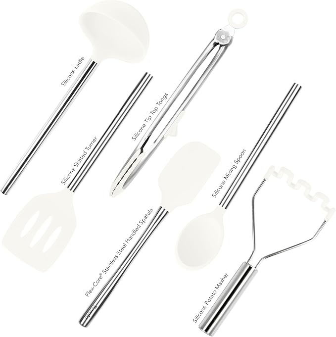 Tovolo Silicone Cooking Utensil Set of 6 White Ladle Slotted Turner Tongs Flex Core Spatula Scraper Mixing Spoon and Potato Masher, Dishwasher Safe Non Toxic BPA Free Silicone Kitchen Utensils