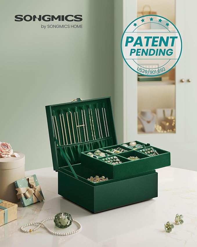 SONGMICS 2-Layer Jewelry Box, Jewelry Organizer with Handle, Removable Jewelry Tray, Jewelry Storage, Floating Effect, 8.1 x 9.4 x 4.3 Inches, Gift Idea, Forest Green UJBC165C01