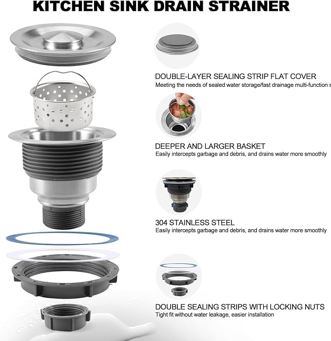 3 1/2" Kitchen Sink Drain Kit Replacement Sink Drain Assembly Removable 304 Stainless Steel Deepen Sink Strainer Basket with Sealing Cover for Kitchen Laundry RV(Brushed +Tailpiece)