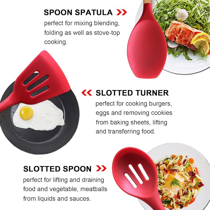 IOCBYHZ Kitchen Cooking Utensils Set 6Pcs Heat Resistant Silicone Kitchen Utensils Spatula Spoon Turner Ladle w Wooden Handle, BPA FREE Silicone Cooking Tool Gadget Set for Nonstick Cookware & Baking