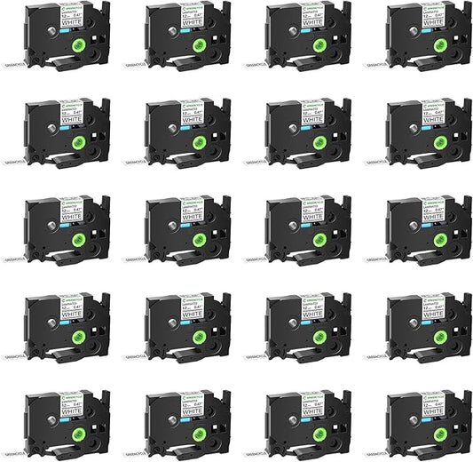 GREENCYCLE 12mm 0.47 Laminated White Tape Compatible for Brother P-touch Label Maker Tape TZe-231 Black on White TZ-231 TZe231 1/2 inch TZe TZ Tape for Ptouch PT-D210 D220 H110 H100 D400 D600, 20 Pack