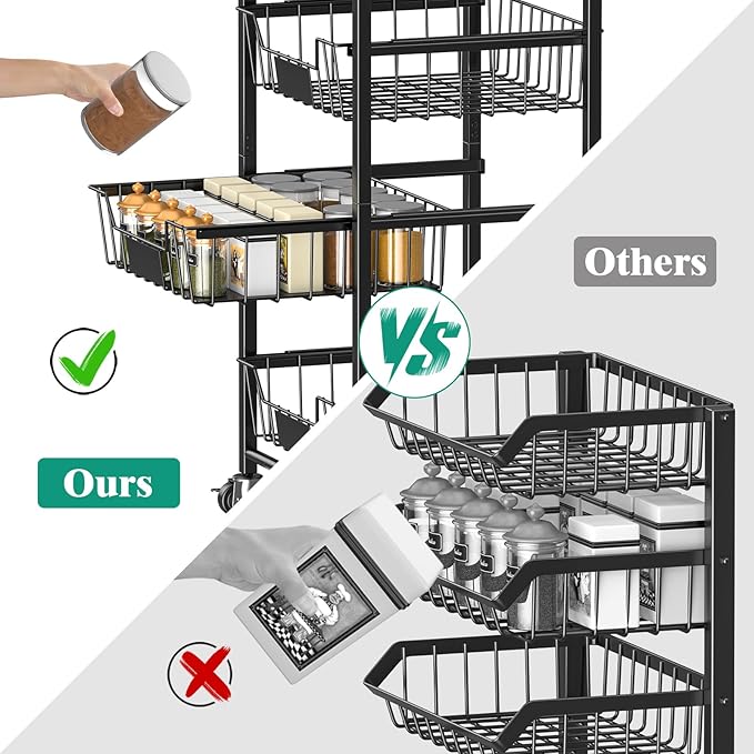 Giwil Vegetable Fruit Basket for Kitchen Pantry Organizers Storage, 4-Tier Utility Rolling Cart on Wheels with Wood Top and Drawer Wire Baskets for Onions Potatoes Snacks, Black