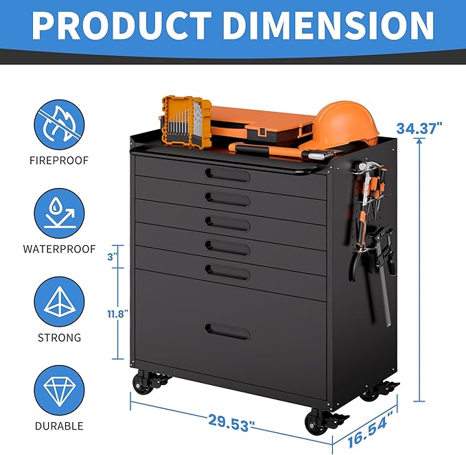 BIZOEIRON Metal Garage Storage Cabinet with Wheels, Rolling Tool Cabinet with 6 Drawers, Heavy Duty Tool Cabinet with Workbench, Assembly Required, Black