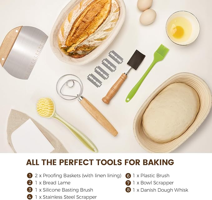 Banneton Bread Sourdough Proofing Basket - Sourdough Starter Kit Set of 2, Sourdough Bread Baking Supplies 10" Oval Set of 2, Bread Proofing Basket with 6 Accessories