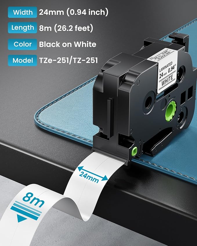 TZe-251 TZe251 24mm Label Maker Tape Compatible Brother P Touch Label Tape 1 Inch TZe TZ Tape 24mm 0.94 Inch Laminated White, Compatible with PT-D600 PT-D610BT PT-P710BT PT-P700 PT-P910BT, 4-Pack