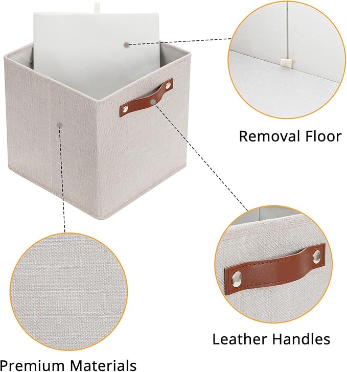 HNZIGE Foldable Storage Cubes Bins for Organizing, Set of 4, Fabric Cube Canvas Storage Bins 11 x11, Collapsible Bins for Organization with Handles for Shelf Nursery(Cream)