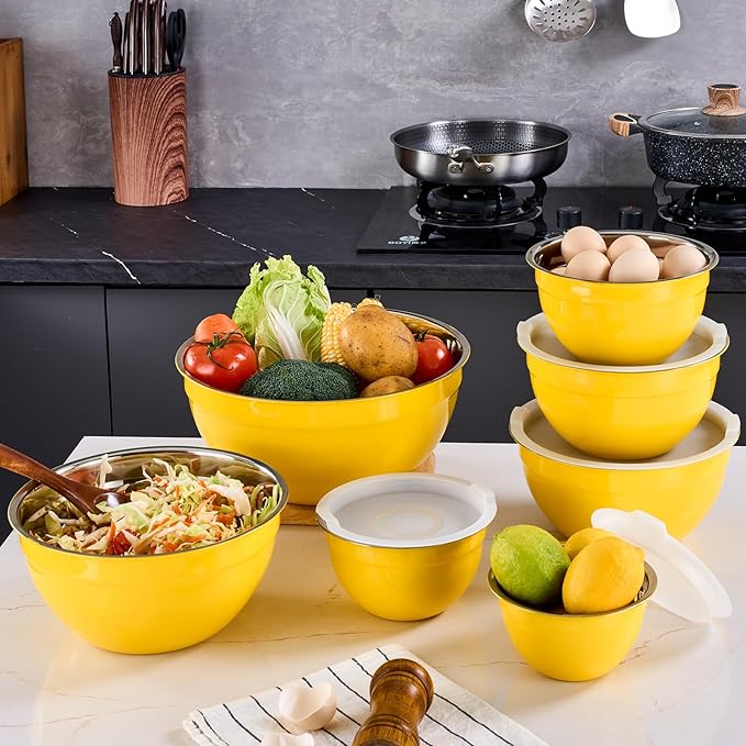 Onlycooker Yellow Mixing Bowls With Airtight Lids,Stainless Steel Bowl,Salad Bowls 7 Piece Colorful Nesting Bowl Yellow Kitchen Accessories,Size 7,3.6,2.7,2.1,1.5,1.1,0.8QT Stackable Design
