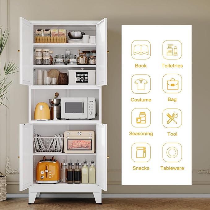 YAUWOH Metal Pantry Storage Cabinet, 69" Tall Storoge Cabinet with 4 Doors & 3 Adjustable Shelves, Microwave Stand with Storage for Kitchen, Dining Room, Living Room (1PC,White)