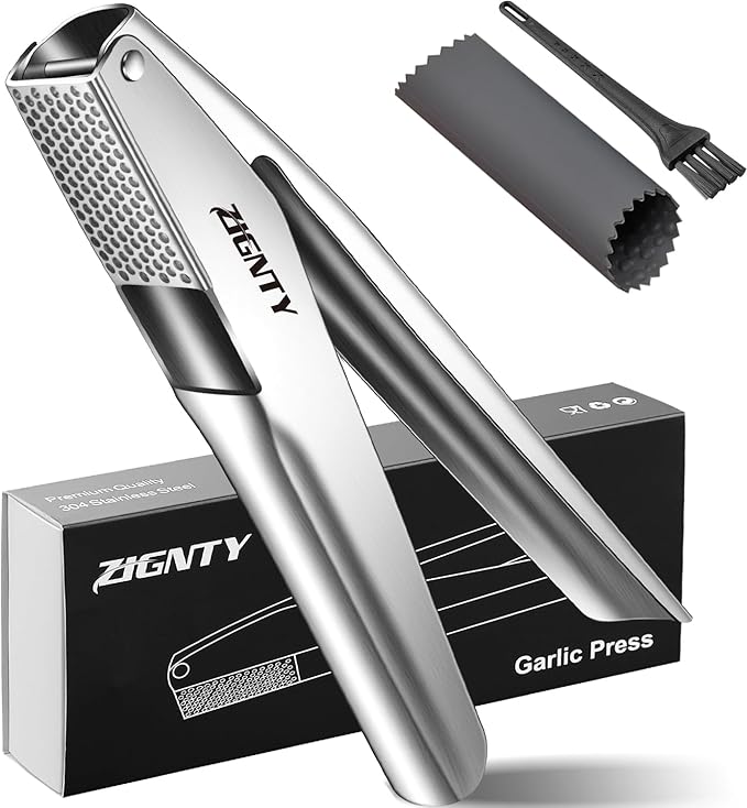 ZIGNTY Professional Garlic Press Stainless Steel，No Need to Peel Garlic Mincer Tool with Large Trough, Dual Lever-Assisted Garlic Presser & Masher Easy Clean, Garlic Crusher Dishwasher Safe Rust Proof