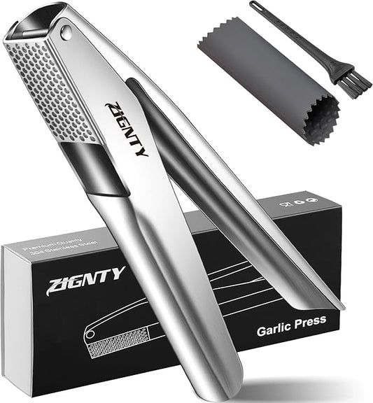 ZIGNTY Professional Garlic Press Stainless Steel，No Need to Peel Garlic Mincer Tool with Large Trough, Dual Lever-Assisted Garlic Presser & Masher Easy Clean, Garlic Crusher Dishwasher Safe Rust Proof