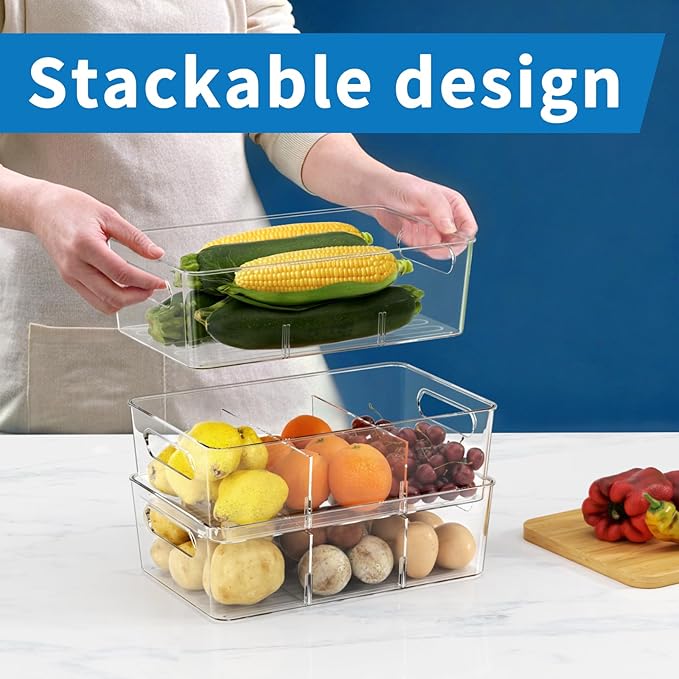 6 Pack Pantry Organizers and Storage,Clear Plastic Containers with 2 Dividers for Kitchen,Fridge Organization and Storage,Acrylic Bins for Pounches,Spice Packet,Snack organzier