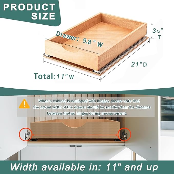 SITOO Pull Out Drawers for Kitchen Cabinets, Pull Out Cabinet Organizer, Fully Assembled Wood Cabinet Pull Out Drawer, Fast and Easy DIY Installation, 11”W x 21”D