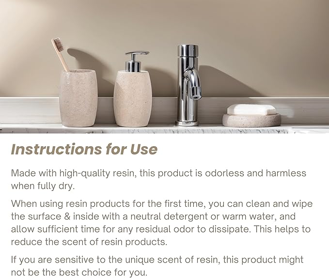 Beige Bathroom Accessories Set 3 PC, Resin Sandstone Look Soap Dispenser, Toothbrush Cup, Soap Dish, Bathroom Soap Dispenser Set for Home Decor and Kitchen