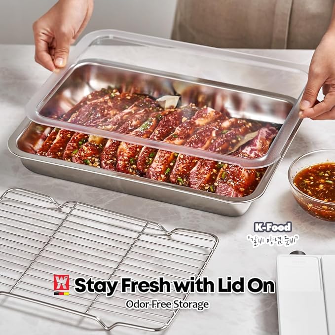 Stainless Steel Food Prep Pan Set with Rack & Transparent Lid, Casserole Dish, Roasting Pan for Oven, Buffet or Marination Use(No.3)
