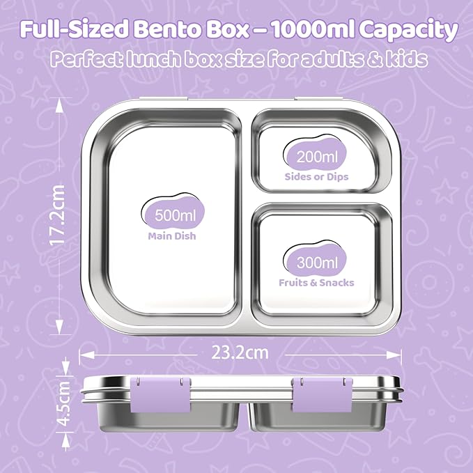 Stainless Steel Bento Box for Kids 1000ml - 3 Compartment Lunch Box for Adults, Leakproof Food Container, BPA-Free Metal Lunch Box with Silicone Seal, Eco-Friendly/Dishwasher Safe (Green)