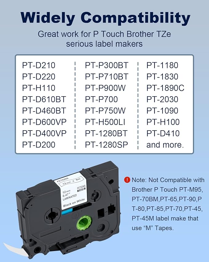 Label Maker Tape TZe-231 Replacement for Brother P Touch PT-D210 PT-D220 PT-H110 PT-D600 D400 by FETIONS, Compatible with TZe TZ 12mm X 8m Laminated Waterproof Label Tape, 6 Pack