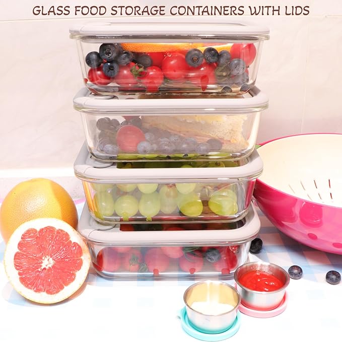 Glass Food Storage Containers with Silicone Glass Lids, Stainless Steel Salad Dressing Containers, Microwave-safe LeakProof Food Containers Set, 4-pack 35 oz（Grey）