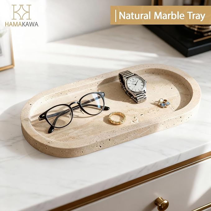 HAMAKAWA Bathroom Vanity Tray, Natural Marble Oval Sink Tray 10 inch, Beige Travertine Vanity Tray for Soap Dispenser Modern Countertop Organizer for Kitchen Countertops, Home Decor