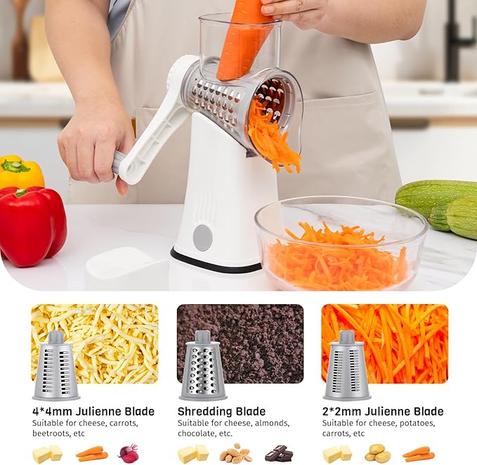 Nexsujo 5-in-1 Rotary Cheese Grater Hand Crank, Vegetable Slicer Shredder with 5 Interchangeable Blades, Graters for Kitchen, Safe Kitchen Tool for Cheese, Nuts, Chocolate, White