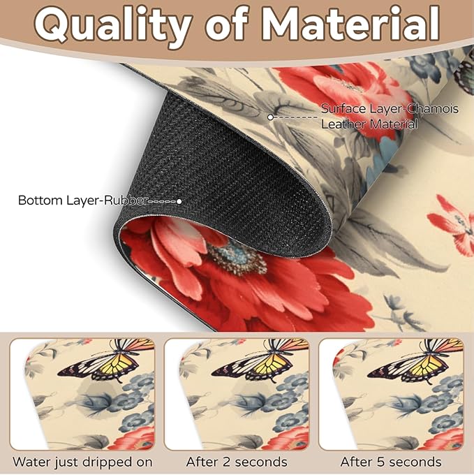 Vintage Floral Butterfly Kitchen Faucet Mat Splash Guard, 15.4”x5.7” Absorbent Quick Drying Sink Mat for Countertop Protection, Draining Mat Sink Protectors For Kitchen Bathroom, 2 Pack