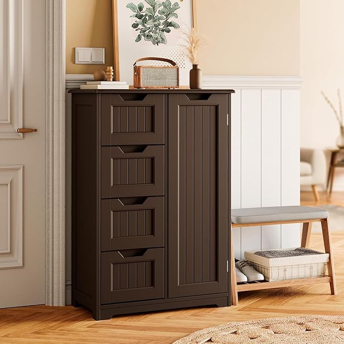 Gizoon Small Kitchen Pantry with Door and Shelves, 33'' Pantry Storage Cabinet Freestanding Wooden Bathroom Storage Cabinet with 4 Drawers for Kitchen and Dining Room, Dark Brown