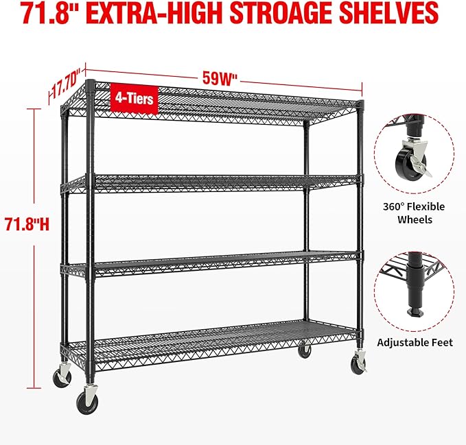 72" H X 59 W X18 D Storage Shelves with Wheels, 4 Tier Wire Shelving Adjustable Metal Shelving Shelves Capacity 2640LBS Heavy Duty Shelf for Garage Shelving, Pantry, Kitchen, Commercial