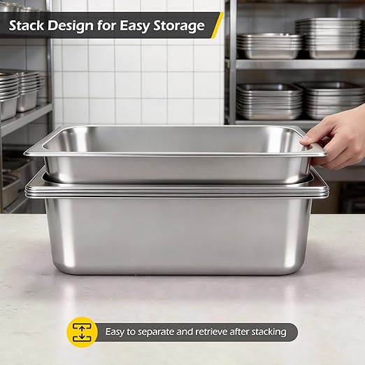 Dyna-Living 6 Pack Hotel Pans Full Size, 6 Inch Deep Stainless Steel Steam Table Pan with Lids Anti Jam Stackable Commercial Food Pans for Buffet Hotel Home Restaurant Party Catering Supplies
