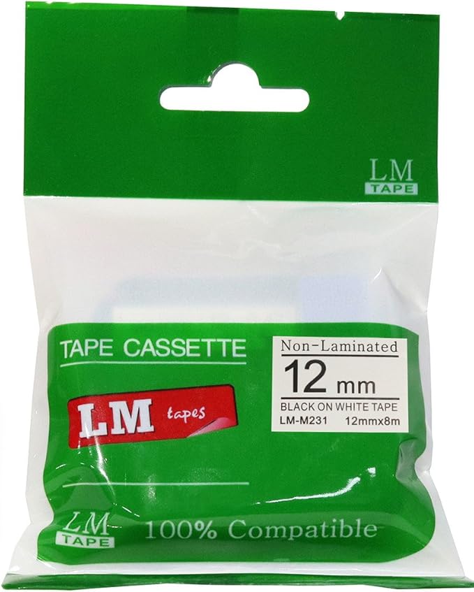 LM Tapes - Premium Compatible 1/2" (12mm) Black on White M Series P-Touch Tape, Replaces M231