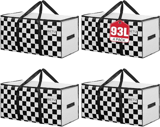 Extra Large Moving Bags Heavy Duty Storage Bags with Zipper Handles, BETU 4 Pack Clothes Storage Totes Bins Packing Moving Boxes, Moving Supplies for College Dorm Essentials, Space Saving,White Plaid