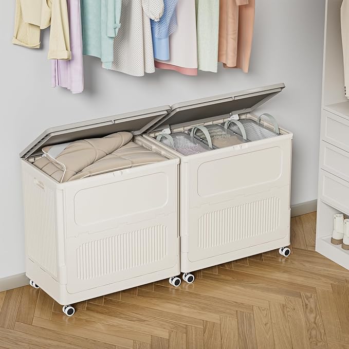 HAIXIN HOME 130L Stackable Storage Bin with 3 Storage Bags for Sorting and Organization, Foldable Storage Box with Wheels, Large Blanket Storage Container for Comforters, Bedding, Seasonal Clothing
