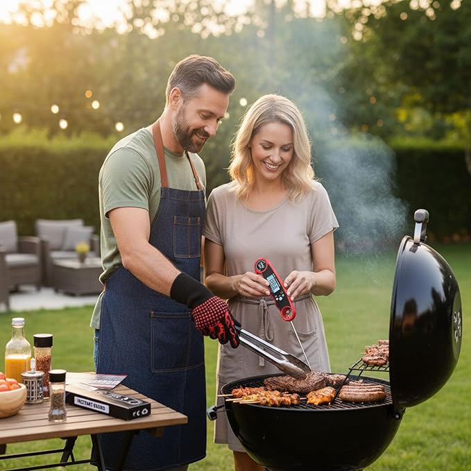 BBQ Gloves, Heat Protection Grilling Gloves Kitchen Gloves Up to 1472°F+ Meat Thermometer Probe Auto-Off for Barbecue,Grill,Cooking, Baking, Cutting