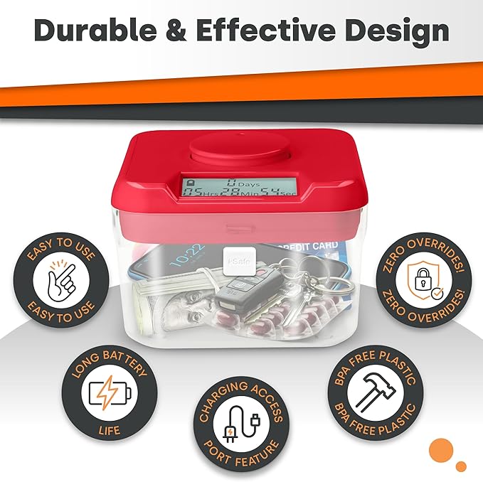 KSafe Timer Lock Box for Phones, Snacks & Medications - Cell Phone Jail & Food Safe with Timer - Time Locking Container for Better Habits & Addiction Management (Mini, Red Lid + 3.0” White Base)